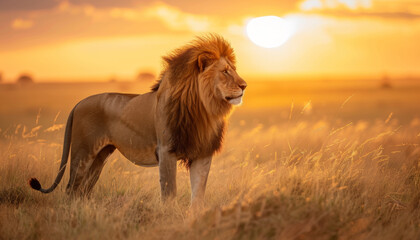 Obraz premium A powerful lion stands in a field of tall grass silhouetted against a breathtaking golden sunset