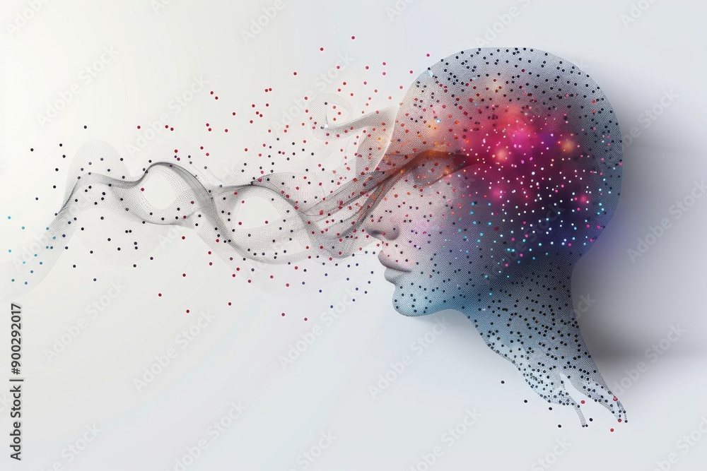 Poster womans face with neural network emanating particles