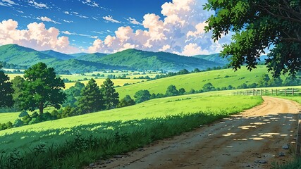 Naklejka premium rural countryside with rolling hills anime