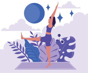 Fototapeta premium Setu Bandha Sarvangasana pose. Poster, background with a girl doing yoga outdoors, in nature. Vector illustration