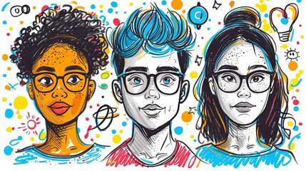 vector, ilustration, Various character doodle illustration of people finding creative ideas concept, thinking, reading, find solution or knowledge, imagination. Outline, linear, thin line art, hand dr