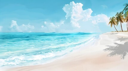 Tranquil Sandy Beach with Turquoise Ocean and Palm Trees in Watercolor Style