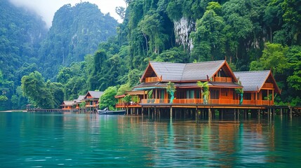 Fototapeta premium Exotic Waterfront Resort Amidst the Lush Landscapes.