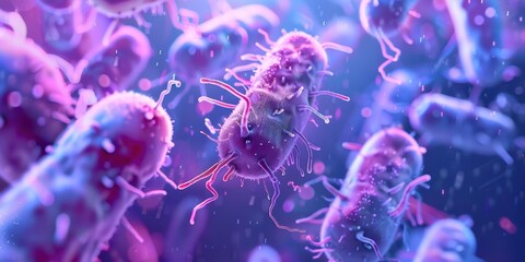 Obraz premium Close-up view of colorful bacteria under microscope, showcasing intricate details and vibrant colors in a microenvironment.
