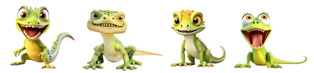 Fototapeta premium Colorful and Expressive Cartoon Lizards with Various Emotions and Poses , on transparent background