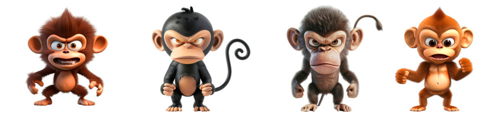Fototapeta premium Four Cartoon Monkeys with Different Expressions and Colors on a Transparent Background