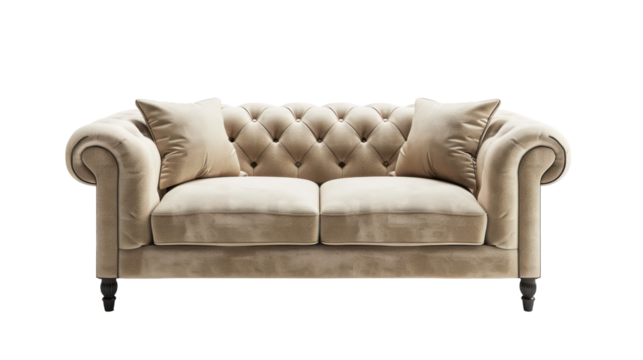 Luxurious Beige Chesterfield Sofa in Modern Living Room With Soft Pillows and Elegant Design