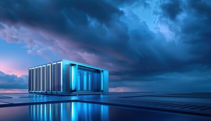 A futuristic data center illuminated by blue lights against a dramatic cloudy sky, reflecting innovation and technology.