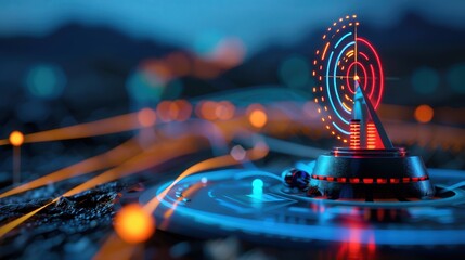 A futuristic digital interface with colorful signals and a central indicator representing technology and connectivity.
