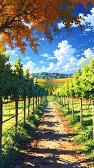 Naklejka premium vineyard rows in autumn anime