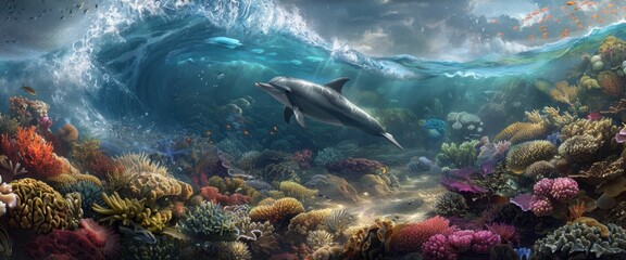 Obraz premium Colorful underwater scene with a dolphin swimming near a vibrant coral reef, showcasing marine life and ocean beauty