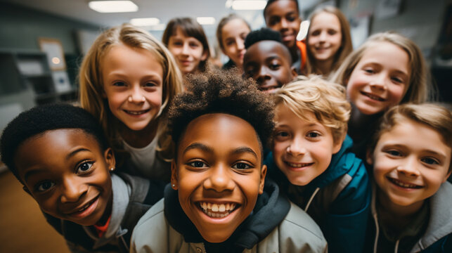 Class selfie in an elementary school. Kids taking a picture together in a co-ed school, photography.