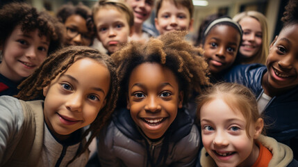 Obraz premium Class selfie in an elementary school. Kids taking a picture together in a co-ed school, photography.
