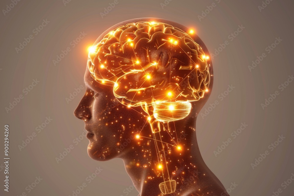 Poster side profile of human head with illuminated neural connections showcasing brain activity in a dark s