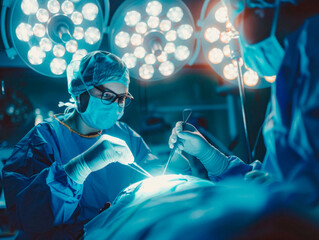 Surgeons performing complex surgery in modern operating room