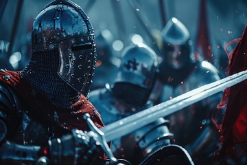A group of men dressed in armor holding swords, perfect for medieval or fantasy themed images