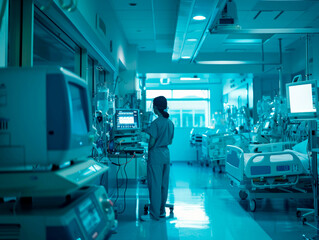 Fototapeta premium Nurse working in intensive care unit with medical monitors