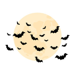 A flock of bats with moon. Decorative element for Halloween. Black and white illustration for backgrounds, cards, posters.