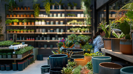 A modern garden center with a customer selecting plants, colorful pots and gardening tools on display.