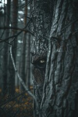 A black and white photograph of a person's face framed by the branches of a tree