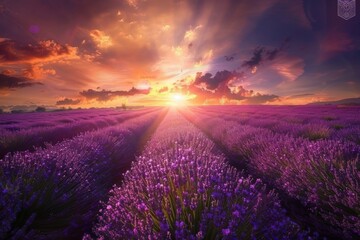 Landscape with violet lavender flower field at sunset. The enchanting beauty of Lavender Fields