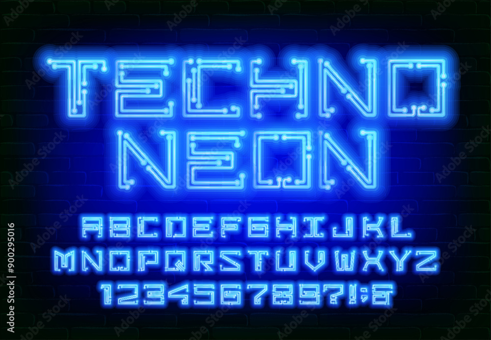 Poster techno neon alphabet font. neon color letters and numbers. stock vector circuit board typeface.