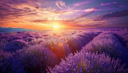 Landscape with violet lavender flower field at sunset. The enchanting beauty of Lavender Fields