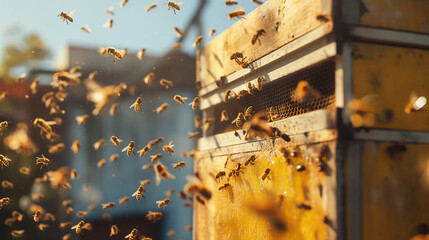 A rooftop beehive setup with bees buzzing around, promoting urban beekeeping and honey production