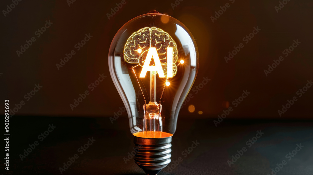Poster artificial intelligence concept with a glowing light bulb and ai letters. innovation, technology, an
