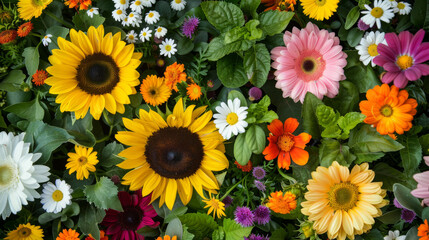 A colorful bouquet of flowers with a mix of sunflowers, daisies, summer flower backdrop