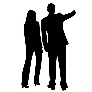 recommend clip art: Vector silhouettes of man and woman, couple of standing business people, back view, profile, black color isolated on white background