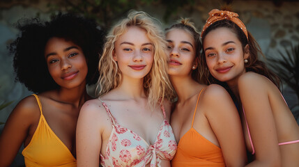 Obraz premium Women diverse individuals of different body types, ages, and ethnicities, confidently posing in a natural and joyful setting. Empowering photograph celebrating body positivity.