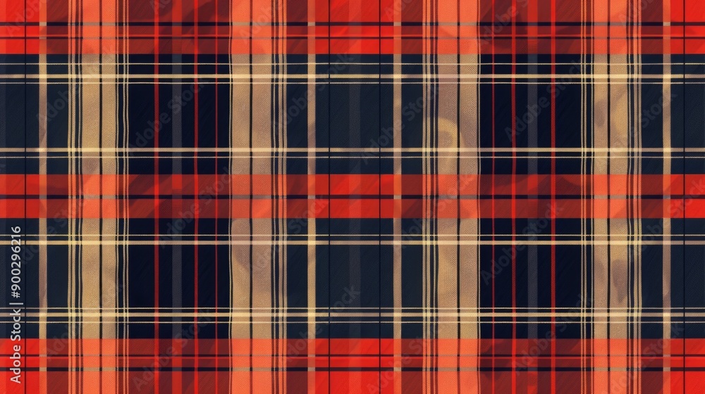 Poster a close-up shot of a red and black plaid fabric with a rustic texture