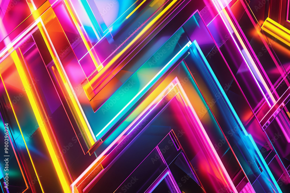 Poster a colorful, neon-lit background with a series of squares and triangles