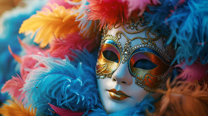 Obraz premium A classic Mardi Gras mask perched atop vibrant feathers