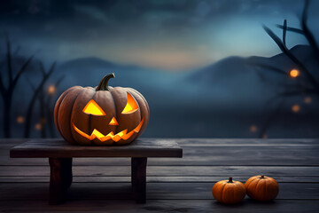 Glowing jack-o-lantern on a wooden bench with small pumpkins nearby, set against foggy, spooky background. Perfect for Halloween-themed designs and decorations