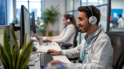 A telehealth call center with operators assisting patients in scheduling virtual appointments and answering health-related questions
