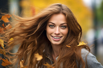 Fototapeta premium A woman with long brown hair is smiling and blowing leaves in the wind