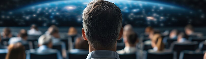 Fototapeta premium A person engaged in a futuristic presentation, gazing at a digital universe with an audience in the background.