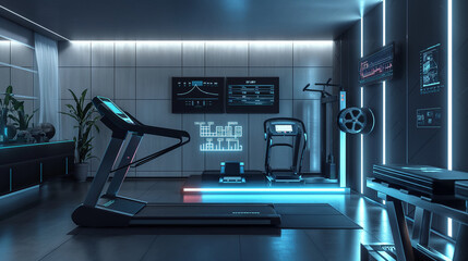 A modern home gym setup with high-tech exercise equipment, including a smart treadmill and digital display screens