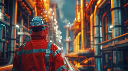 Obraz premium Engineer in red uniform works at a refinery during the night shift, surrounded by pipes and machinery