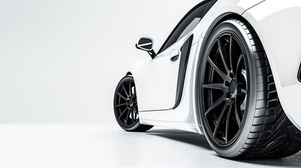 White car with black rims The car is on the right side of the picture, with a close-up of the wheel and bodywork. White background. Parked car with focus on the right rim and rear wheel.