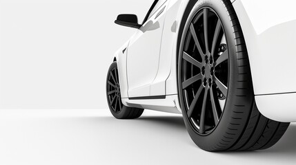 White car with black rims The car is on the right side of the picture, with a close-up of the wheel and bodywork. White background. Parked car with focus on the right rim and rear wheel.