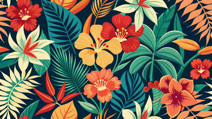 floral vector seamless pattern with blooming hibiscus and leaves. floral pattern textile tropical bicolor flowers and leaves