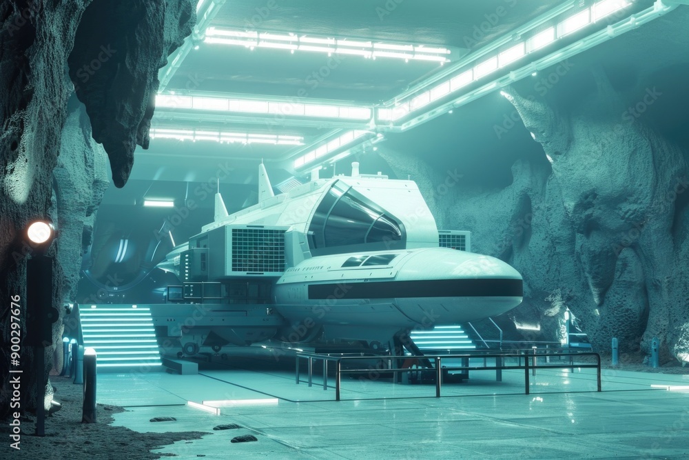 Poster a futuristic spaceship parked inside a building, suitable for sci-fi and technology themes