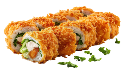 Deliciously Crunchy Fried Sushi Rolls Served With Fresh Green Garnish On A White Plate