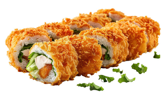 Deliciously Crunchy Fried Sushi Rolls Served With Fresh Green Garnish On A White Plate
