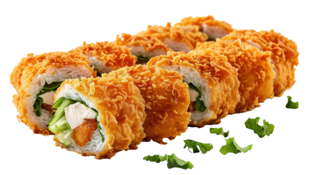 Deliciously Crunchy Fried Sushi Rolls Served With Fresh Green Garnish On A White Plate