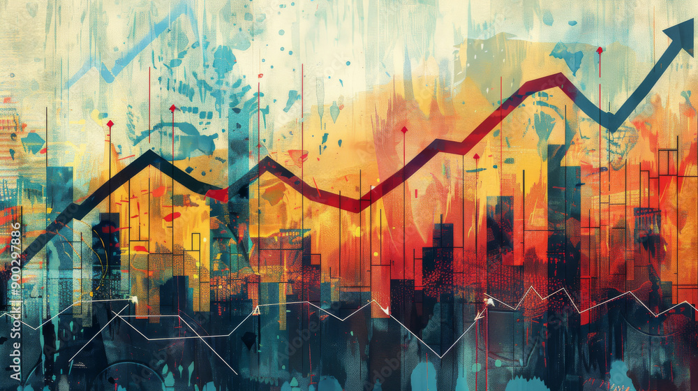 Poster a colorful abstract painting with a red arrow pointing upwards and graph chart, investment concept