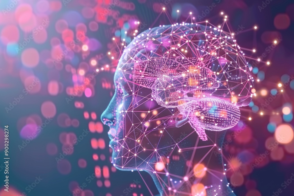 Poster digital profile with neural mesh and glowing brain activity in vibrant colors